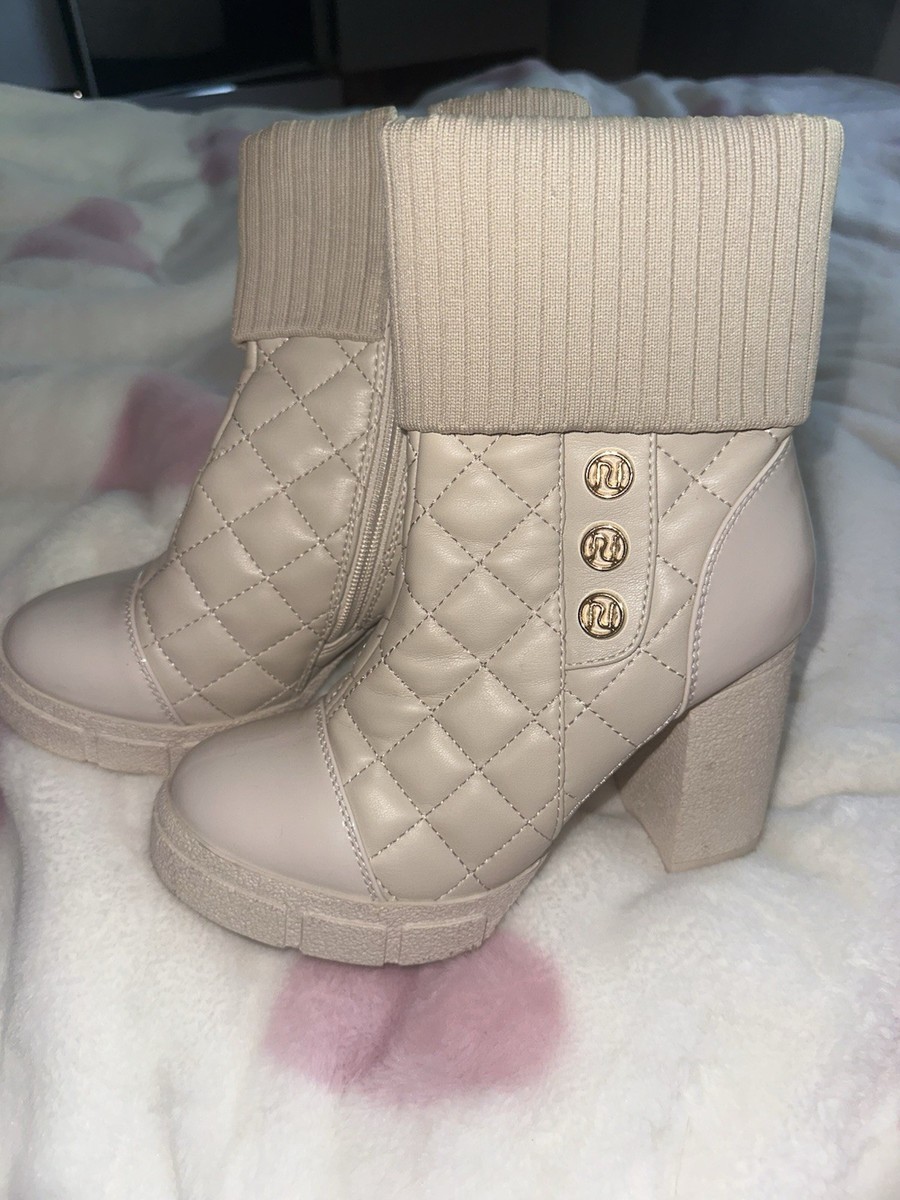 River Island Women's Cream Quilted Block Heeled Ankle Winter Boots