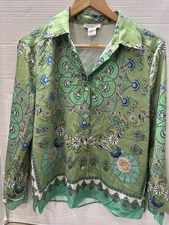 Rachel Zoe Blouse Shirt Women’s Size S Green Floral Satin Button Up
