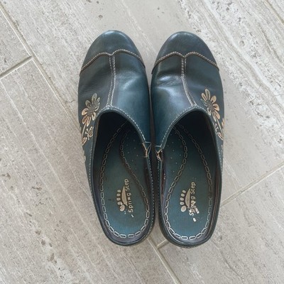Spring Step L'Artiste Teal Floral Leather Clogs Mules Wedge Shoes Euro 41 US 10