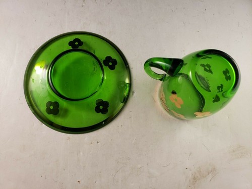 Bohemian Glass Green Demitasse Cup 2 3/4"h & Saucer 4"d Czechoslovakia - Picture 8 of 8