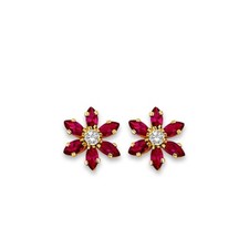 14K Yellow Gold Red Flower CZ Stud Earrings with Screw Back Girls Womens