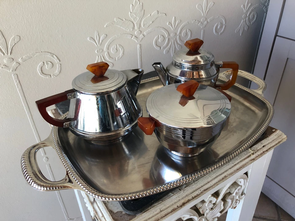 ART DECO 1940/50 PLATEAU SERVICE à THE - CAFE - LAIT - SUCRE Poignées bakélite - Photo 3/4