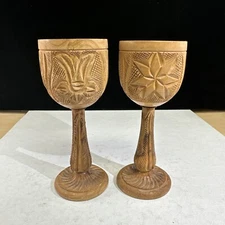 2) Vintage Wooden Vase Chalice Goblet Cup Carved Wood Wine Cordial Bar Drinkware