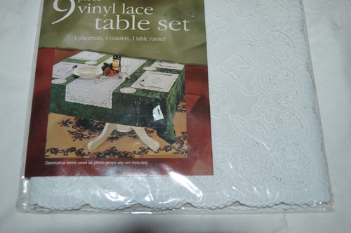 WHITE VINYL LACE TABLE SET 4 PLACEMATS TABLE RUNNER COASTERS HOLIDAY TIME NEW - Picture 3 of 4
