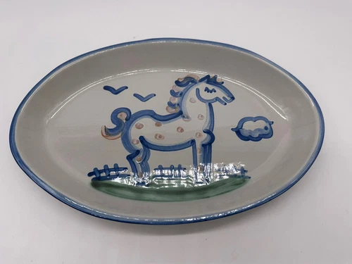 M A Hadley HORSE  “Country Scene Blue” Oval Stoneware Serving Platter Dish 14”