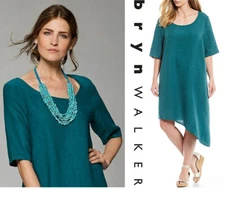 BRYN WALKER Euna Shift Linen DRESS S M Asymmetrical Hem Guernsey Teal NEW $138