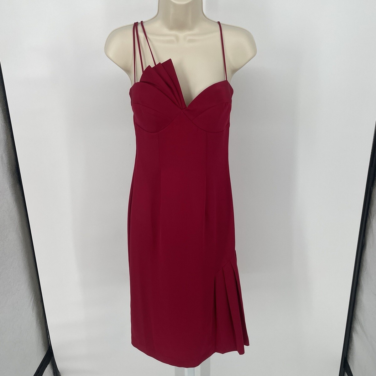 DINA BAR EL COCKTAIL Dress Ruby Red Detailed Bodice Spaghetti Straps Silk  Sm