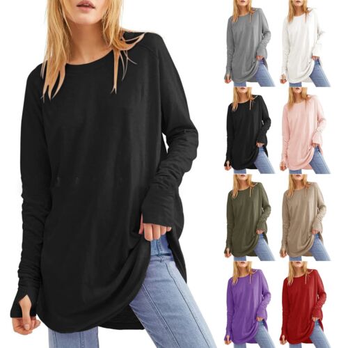 Women's Solid Color Casual Round Neck Tops Loose Long Sleeved T Shirt Tunic Tops