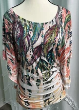 La Fama Women’s Top Short sleeve scrunched sides sequined blouse shirt Small B32