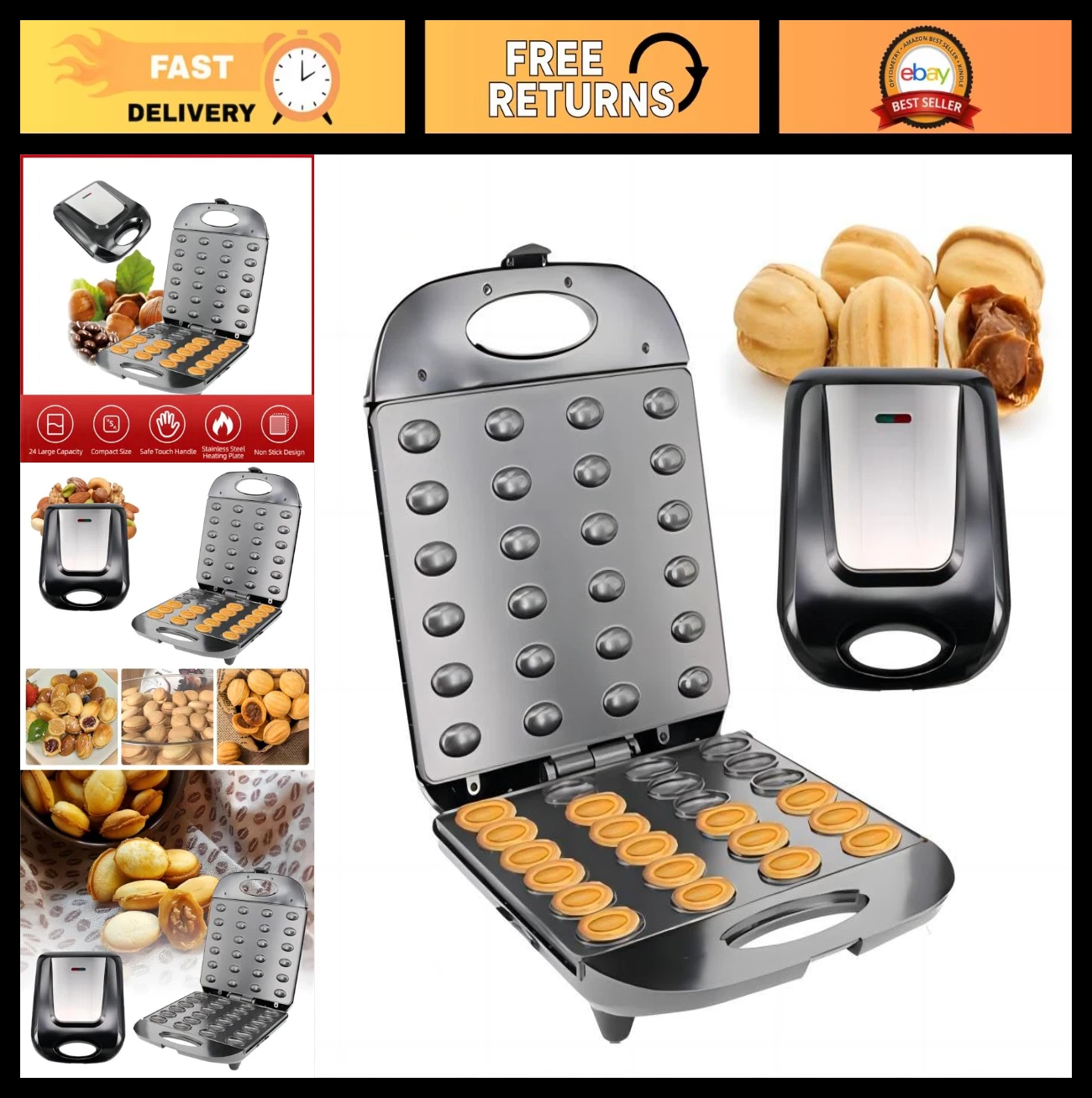 24-Hole Electric Walnut Cookie Maker - Mini Nut Waffle & Sandwich Iron, Toaster