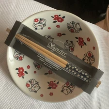 Lucky Cats & Flowers Ceramic Ramen Noodle Bowl W. Chopsticks Gift Set Christmas 