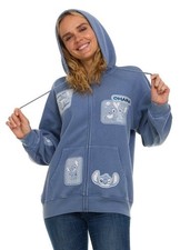 Disney Stitch Women  s Blue Full Zip Character Sweatshirt Hoodie, Patches Large