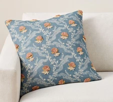 Josephine Embroidered Pillow Cover, 22". Blue Flower. Free Shipping