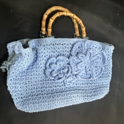 Patricia Nash Light Blue Crocheted Satchel with Bamboo Handles & Butterfly Acce 