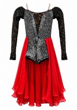 Child Large Lyrical Dance Costume Red Black Lace Rhinestones USA Made Solo
