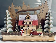 Winter Scene Lighted Christmas Charming Cottage Forest Scene Laser Cut Musical