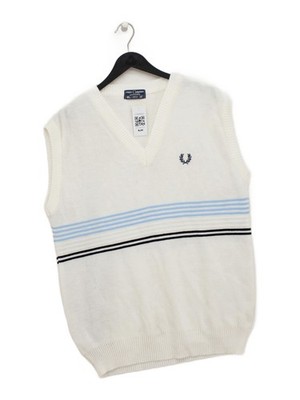 Fred Perry Herren Pullover L creme gestreift 100% Acryl V-Ausschnitt Weste