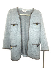 St. John Collection blue tweed knit jacket featuring a no-collar design and gold