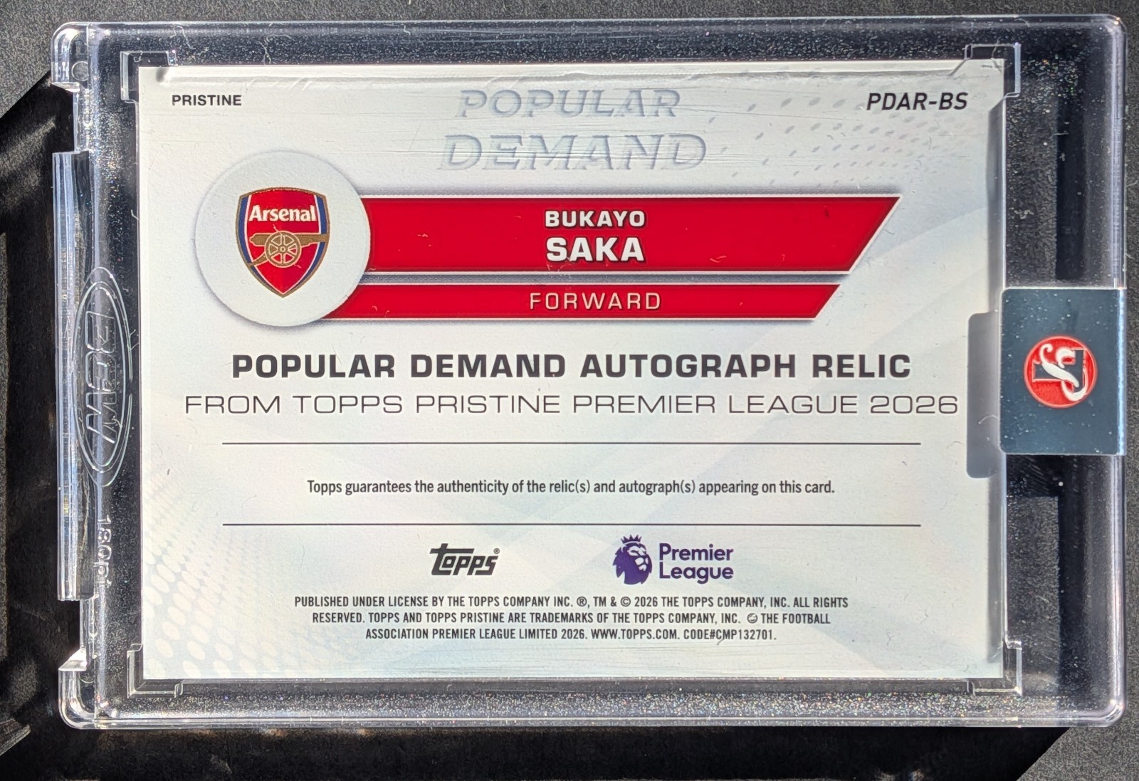 2025-26 Pristine Bukayo Saka Popular Demand Patch Auto Match Worn Red /5 Arsenal view 2