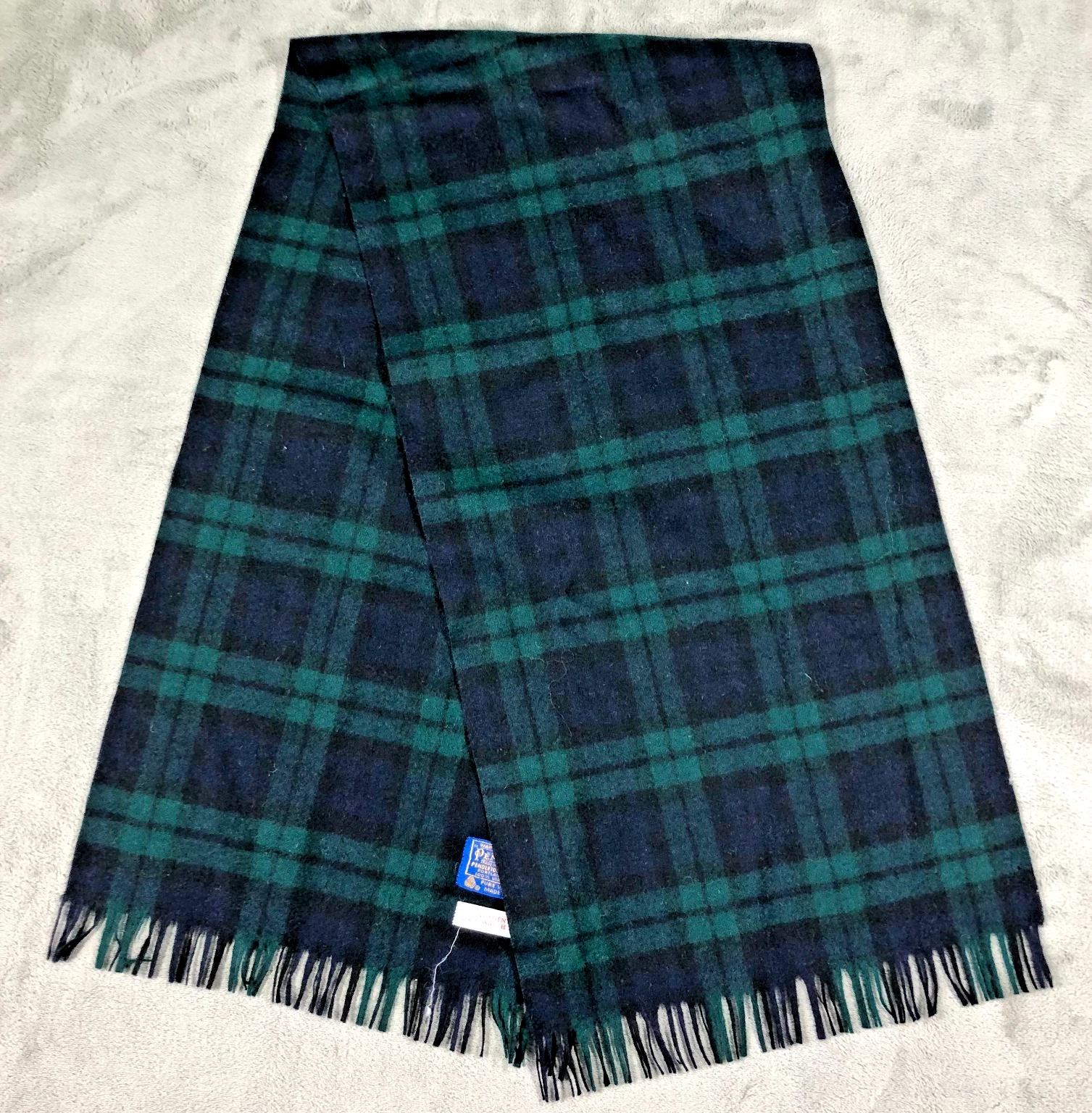 VINTAGE Pendleton Black Watch Tartan Plaid Wool Scarf 13x52 Green Blue Fringe US