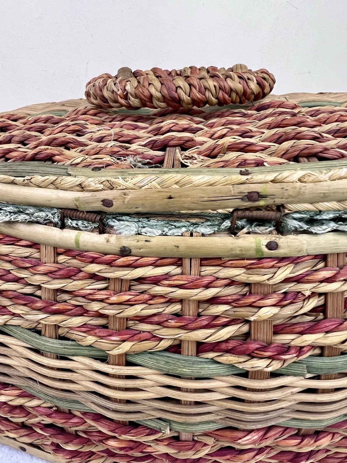 Vintage Sewing Basket Faux Ratan Wicker Sea Foam Green Satin Lining Japan 10.5”