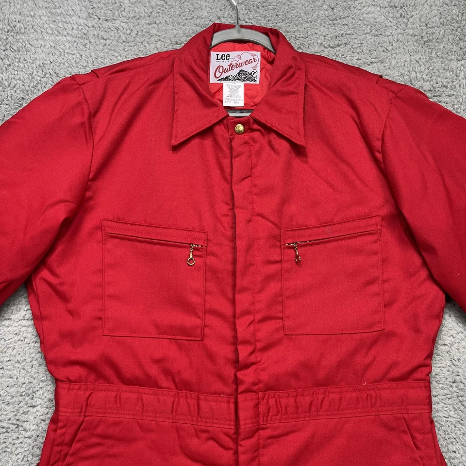 VTG Lee Outerwear Coveralls Mens Large Red Insulated Quilted Lined Zip Leg USA - Image 2 of 4
