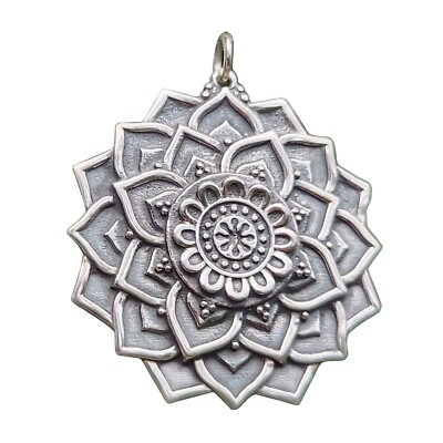 Lotus Flower Mandala Large 925 Solid Sterling Silver Charm Pendant Yoga Zen