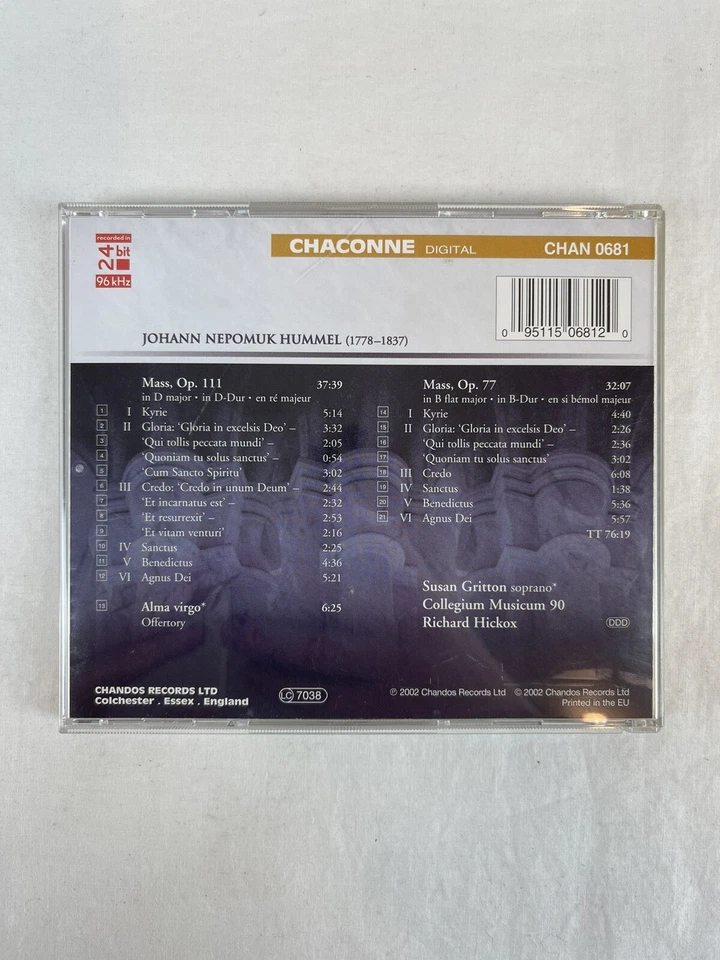 The Hummel Mass Edition Vol.1 Mass In D Major B Flat Alma Virgo CD Chandos 0681 - Image 2 of 4
