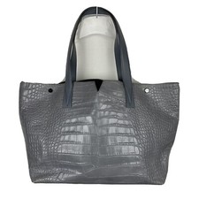 Vince Signature V Croc Embossed Leather Tote Bag Gray Blue Large Snap Msrp $845