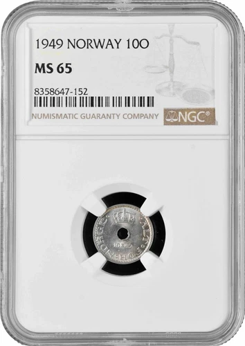 Norway 10 ore 1949, NGC MS65, "King Haakon VII (1906 - 1957)"