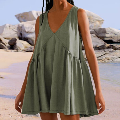 Womens Summer Sleeveless Mini Dress Casual Loose V Neck Sundress Babydoll Dress - Picture 6 of 16