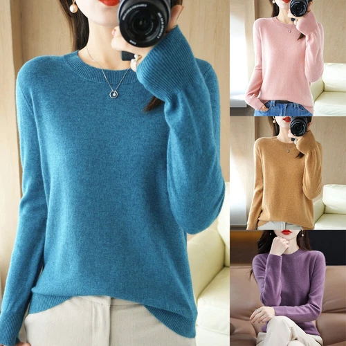 Women Crew Neck Slim Cashmere Jumper Sweater Knitted Tops Wool Pullover Solid - Bild 3 von 30