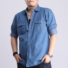 Men Denim Shirt Jean Top Button Long Sleeve Loose Fit Workwear Fashion Blue