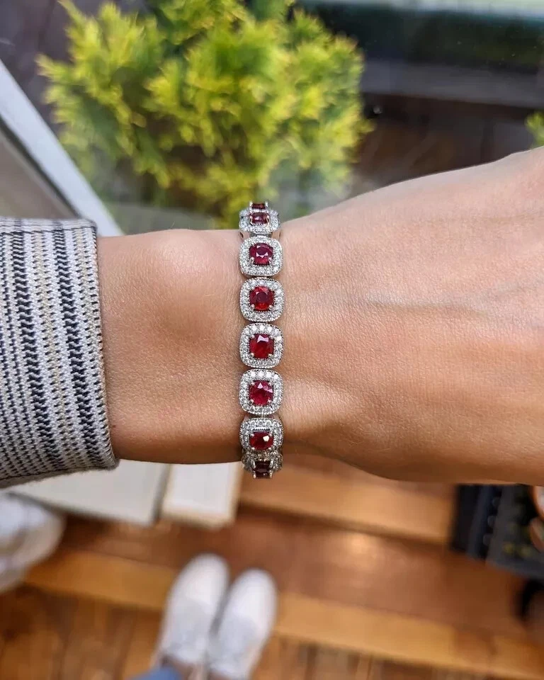 10.50 Ct Cushion Natural Red Ruby Diamond Link Tennis Bracelet 18K White Gold - Image 3 of 4
