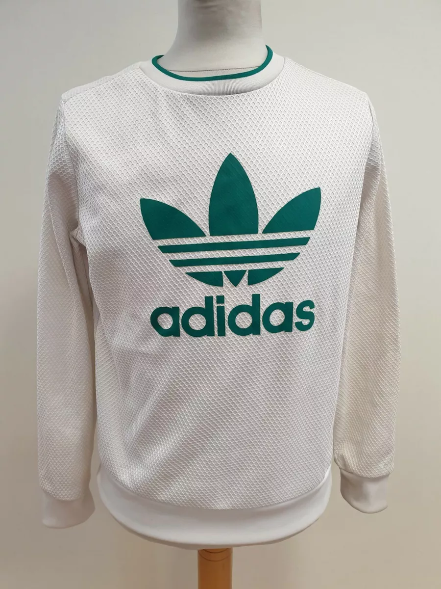 K47 WOMENS ADIDAS ORIGINALS WHITE GREEN MESH PATTERN CREW NECK JUMPER UK 10
