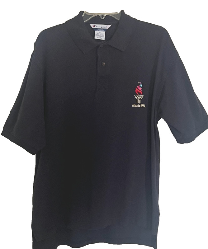 VTG CHAMPION MENS MED NAVY BLUE  1996 ATLANTA OLYMPICS SHORT SLV POLO SHIRT EUC