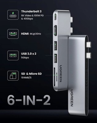 UGREEN 6 in 2 4K HDMI USB C Hub Adapter Multiport Thunderbolt 40Gbps macbook