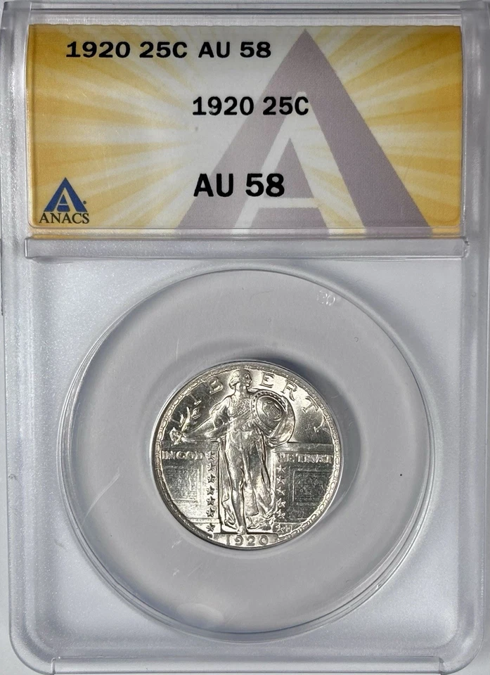 Cuarto Standing Liberty 1920 AU58 ANACS certificado plata se ve mejor que grado Foto 2 de 3