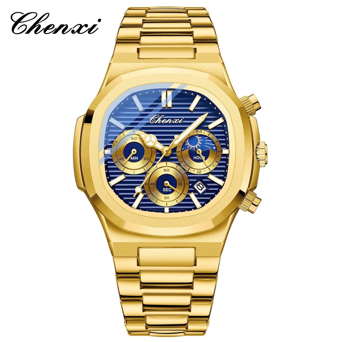 CHENXI Men Gold Steel Multifunction Chronograph Calendar Moon