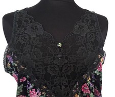 Vintage Vassarette Nylon Nightgown Slip Dark Floral Black Lace USA Silky Size M