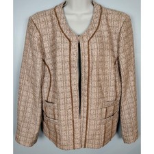 Chicos Travelers Daphne Jacket Brown Woven Open Front Piping layering Size 3