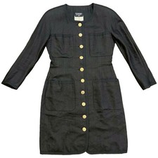 CHANEL Linen Coat 40 Black Dress Shoulder Pad