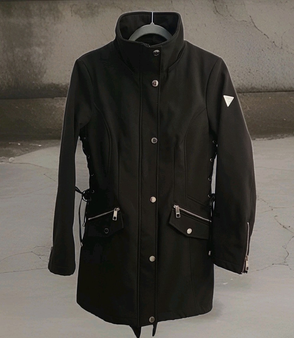 GUESS Soft Shell Womens S Parka Jacket Black Side Lace Mock Neck