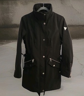 GUESS Soft Shell Womens S Parka Jacket Black Side Lace Mock Neck Zip Anorak VGC