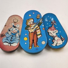 Set of 3 Tin Lithographed Metal Toy Noisemakers 4.5" Circus Party Grinders 1940s