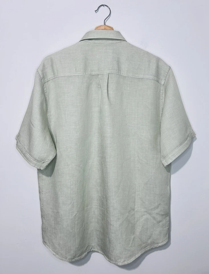 Tommy Bahama 男式纽扣衬衫 M 亚麻混纺白色米色短袖口袋 — 第 2/4 张图片