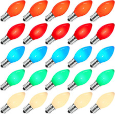 25 Pack Multicolor C7 LED Christmas Light Bulbs, E12 Base, Energy Efficient