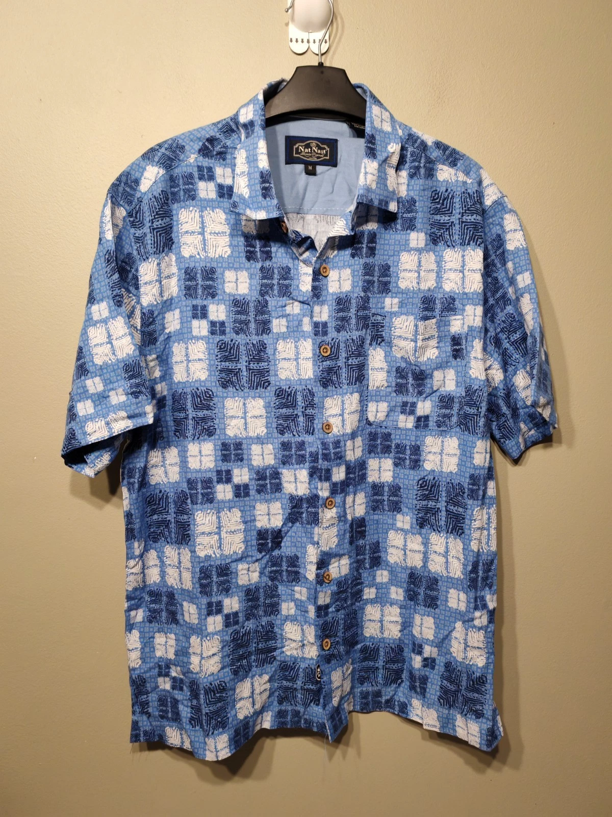 Nat Nast Luxury Mens Blue Geometric Short Sleeve Shirt Silk Cotton Size Medium