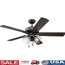 52 Inch Ceiling Fan W/ 5 Reversible Blades 3 LED Bulbs Dimmable Indoor Use