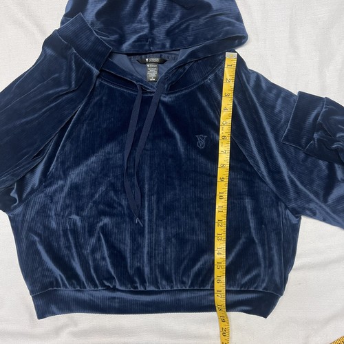Victorias Secret Ribbed Velour Pullover Hoodie Embroidered Logo Navy Blue Medium - Picture 6 of 8